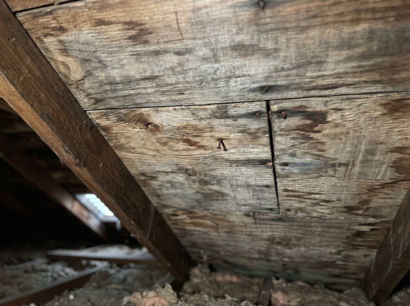 Mold staining on attic roof sheathing in a York County home