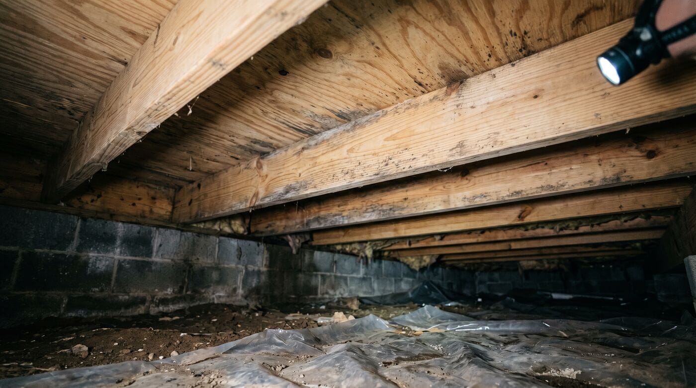 Crawl space with exposed floor joists under a York, PA home