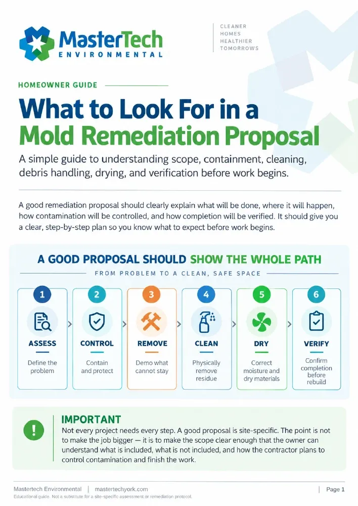 Front page of MasterTech’s What to Look For in a Mold Remediation Proposal homeowner PDF guide