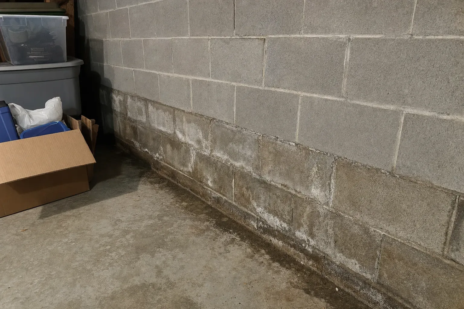 Unfinished concrete block basement foundation wall with water staining and efflorescence near the floor in a York County home.